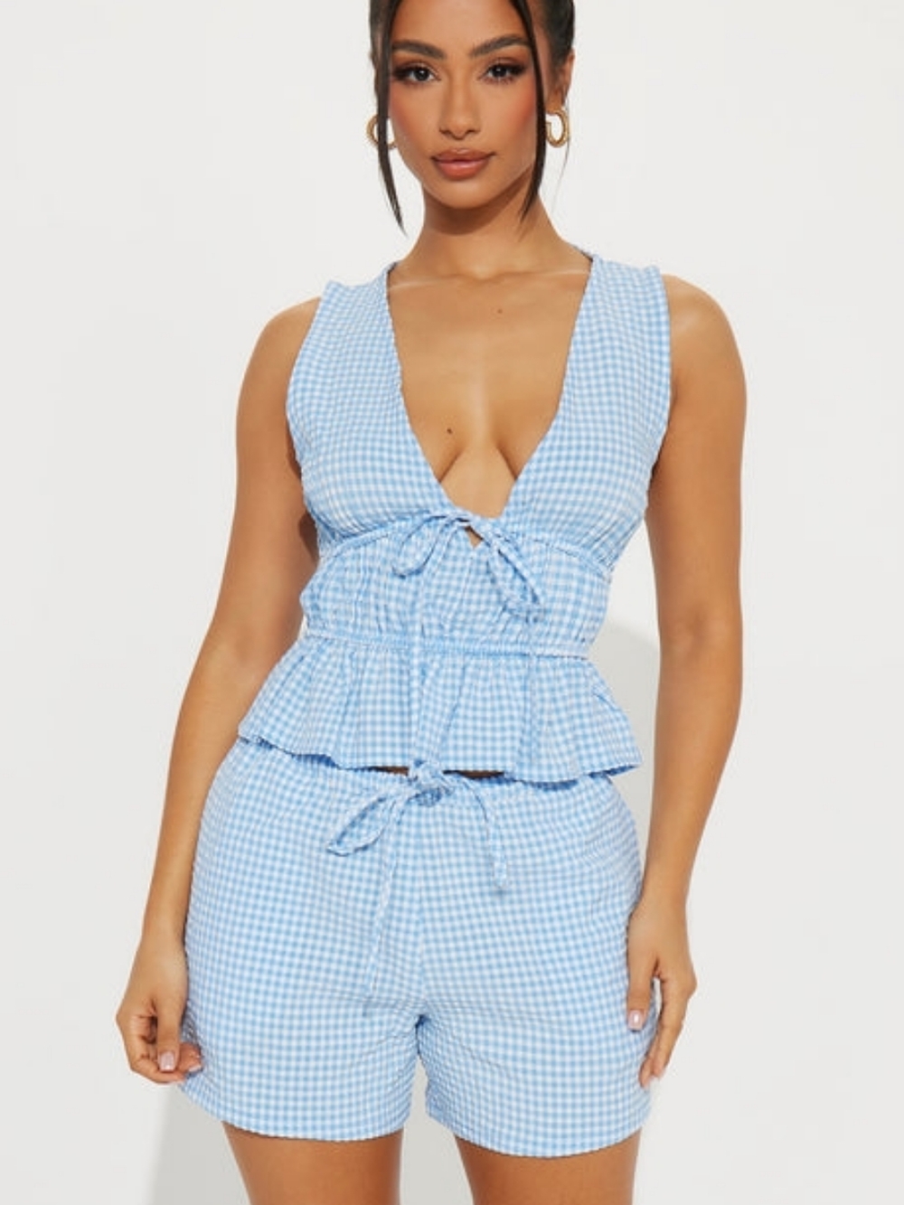 Women’s Blue Gingham Drawstring Adorable Top And Shorts Set
